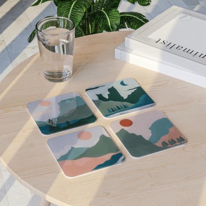 مجموعة قواعد أكواب أكريليك من آرت مود هوم، 4 قطع مربعة الشكل، مصنوعة من أكريليك متين بتصميم منظر طبيعي جبلي، مقاس 9×9 سم، توفر حماية من الحرارة والرطوبة، مناسبة للطاولات والمكاتب والمنازل - تصميم جبلي